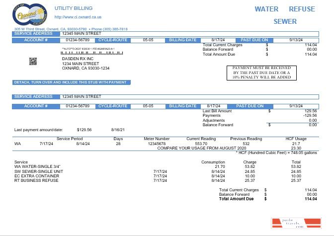 USA California City of Oxnard business utility bill template in Word and PDF formats